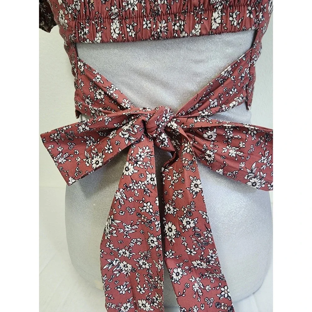Altar'd State Floral Smocked Crop Top Rust Puff Sleeve Tie Back KEMLA U50 Small - Picture 8 of 9